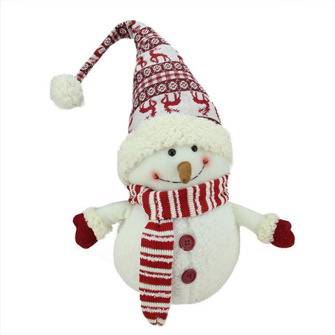 24" Ivory, Red and White Chubby Smiling Snowman with Reindeer Hat Plush Table Top Christmas Figure