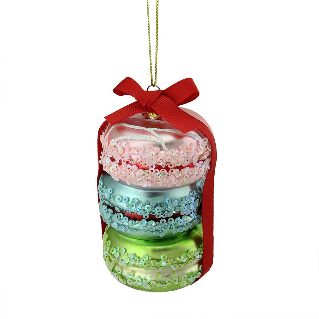 4.25" Dessert Delight Pink, Blue and Lime Green Glass Macaroon Christmas Ornament