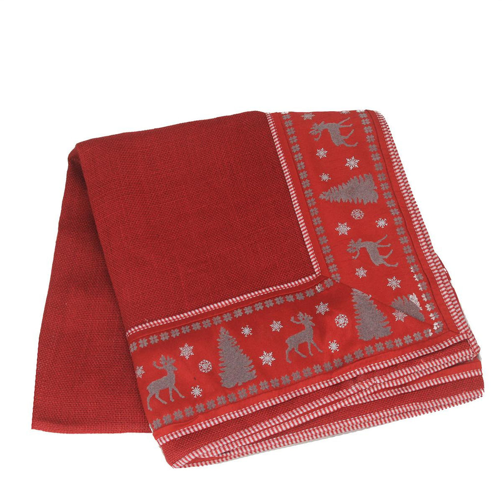 Alpine Chic Red, Silver and Dark Gray Reindeer Christmas Tablecloth 54" x 54"