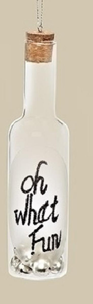 6" Clear Glass Wine Bottle Inscribed "Oh What Fun" with Jingle Bells Christmas Ornament