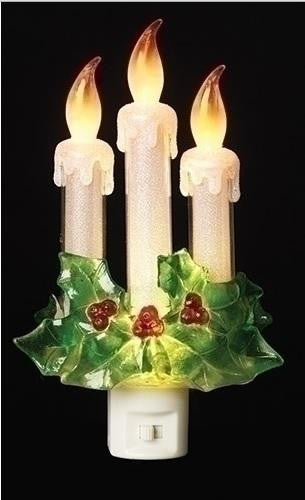 8" Three Candles with Holly Berry Decorative Christmas LED Flicker Flame Night Light