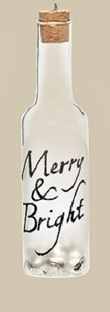 6" Clear Glass Wine Bottle Inscribed "Merry & Bright" with Jingle Bells Christmas Ornament