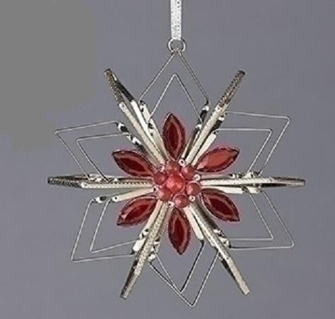 5" Vintage Silver Snowflake with Red Gemstones Christmas Ornament