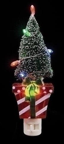 8" Red and White Present with Frosted Green Lighted Tree Decorative Christmas Night Light