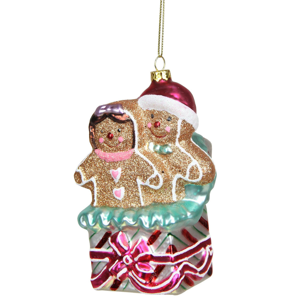 4.5" Glittered Gingerbread Man and Woman in Gift Box Glass Christmas Ornament