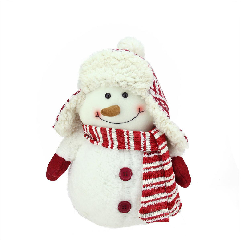 13" Ivory, Red and White Chubby Smiling Snowman with Winter Hat Plush Table Top Christmas Figure