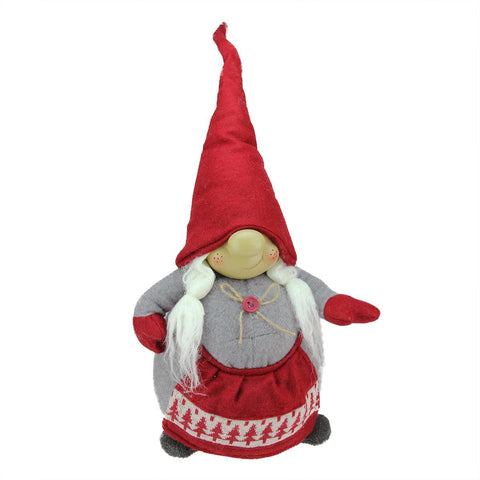 21" Grinning Female Gnome Decoration with Red Apron and Twine Bow