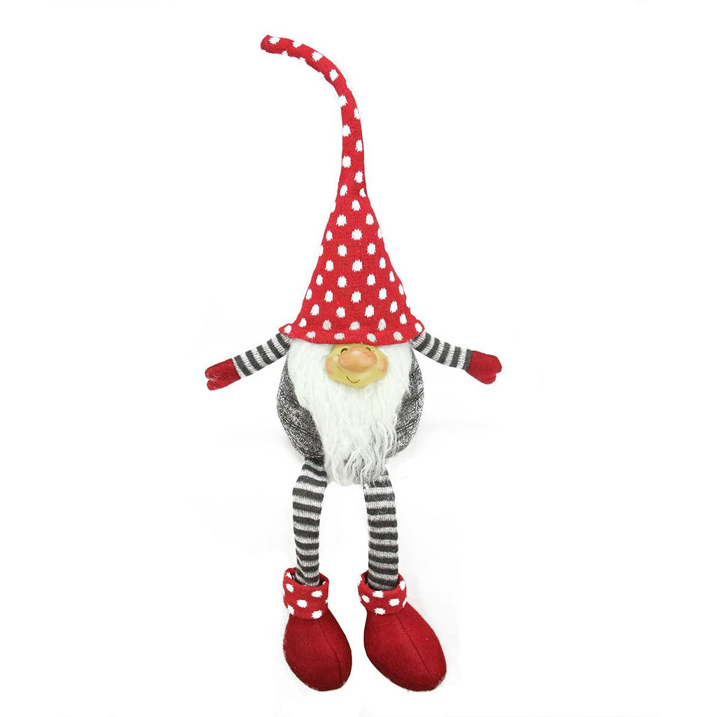 24" Gray and Red Portly Smiling Hanging Leg Gnome Decoration with Polka-Dot Snow Cap