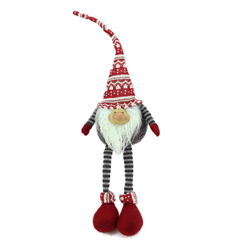 24" Gray and Red Portly Smiling Hanging Leg Gnome Christmas Decoration with Christmas Snow Cap