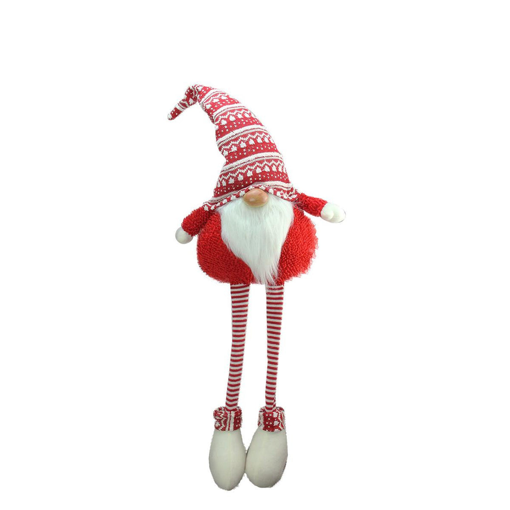 37" Red and White Portly Hanging Leg Gnome Decoration with Christmas Snow Cap and Red Sweater