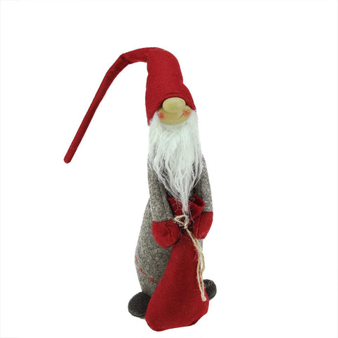 22" Red and Grey Tall Standing Santa Gnome Holding Bag in Front Christmas Figure