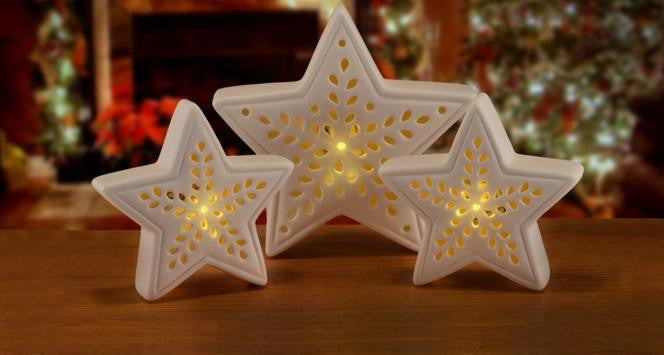 Set of 3 Pre-Lit Battery Operated Warm Clear LED White Star Christmas Table Top Decorations