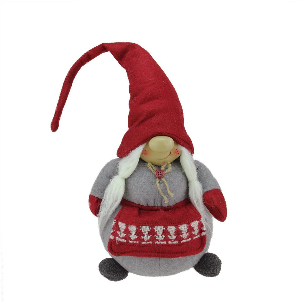 20" Grinning Female Gnome Decoration with Red Apron and Twine Bow