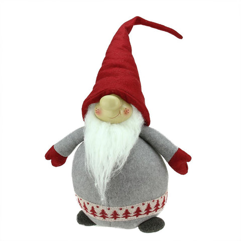 22" Gray and Red Portly Grinning Gnome Decoration with Nordic-Inspired Trim