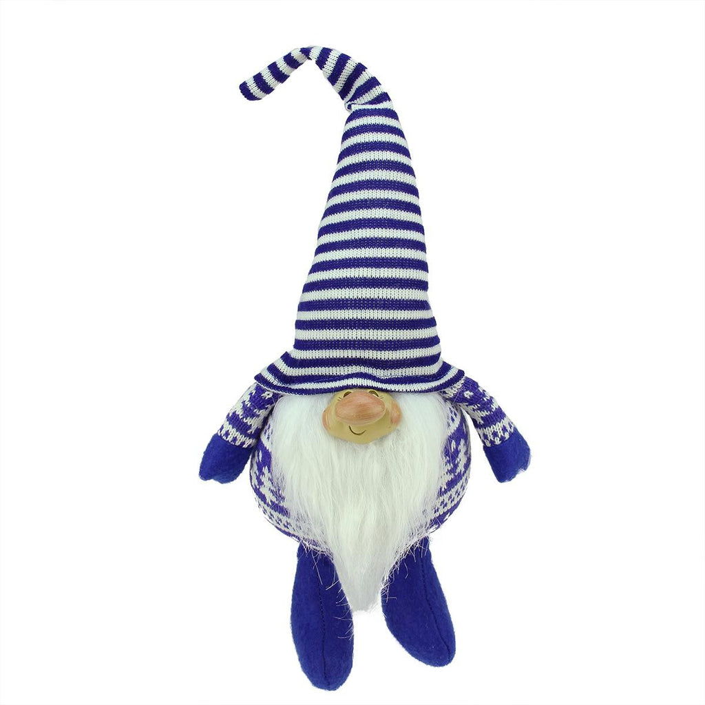 12.5" Bearded Blue and White Chubby Smiling Gnome w- Stripe Hat Plush Table Top Christmas Figure