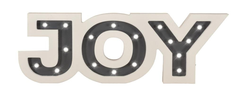 17.75" Pre-Lit Battery Operated White and Gray Wooden Warm White LED "Joy" Marquee Sign with Timer