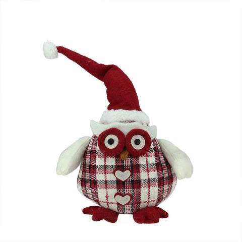 12" Chubby Red and White Plaid Owl with Santa Hat and Heart Buttons Table Top Christmas Figure