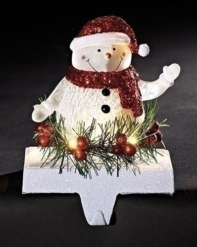 7" White and Red Holly Jolly Snowman Decorative Christmas LED Stocking Holder