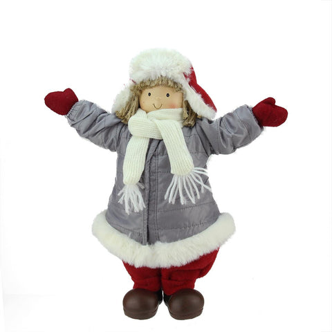 12.25" Cheerful Young Boy Gnome in Gray Puffy Winter Coat and Red Bomber Hat Christmas Decoration