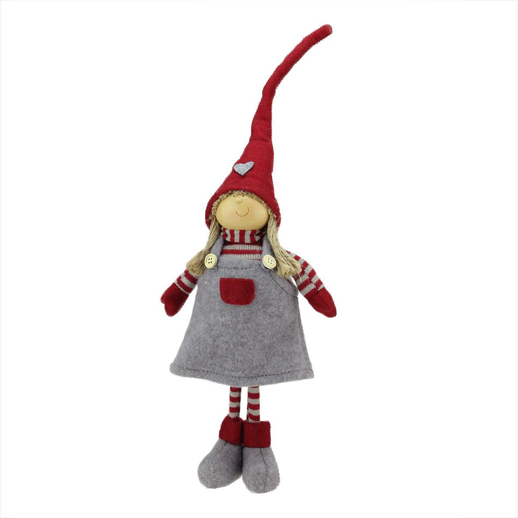 18.25" Cheerful Standing Young Girl Gnome in Gray Dress and Heart Winter Hat Christmas Decoration