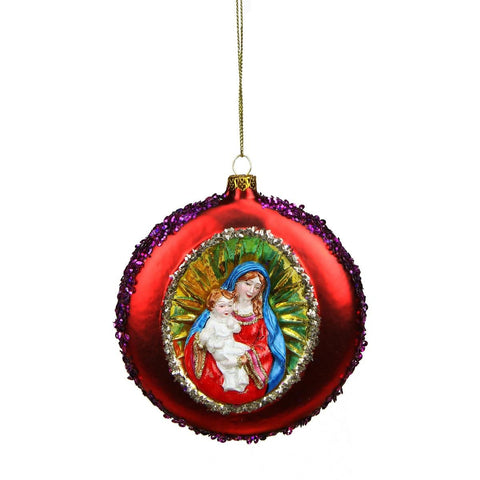 4" Mary and Baby Jesus Sequin Religious Christmas Glass Disc Ornament