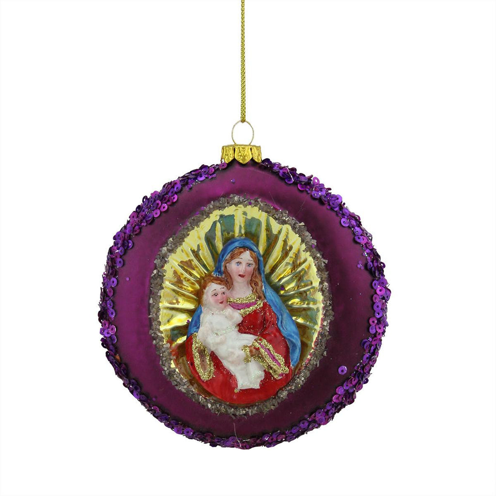 4" Mary and Baby Jesus Sequin Religious Christmas Glass Disc Ornament