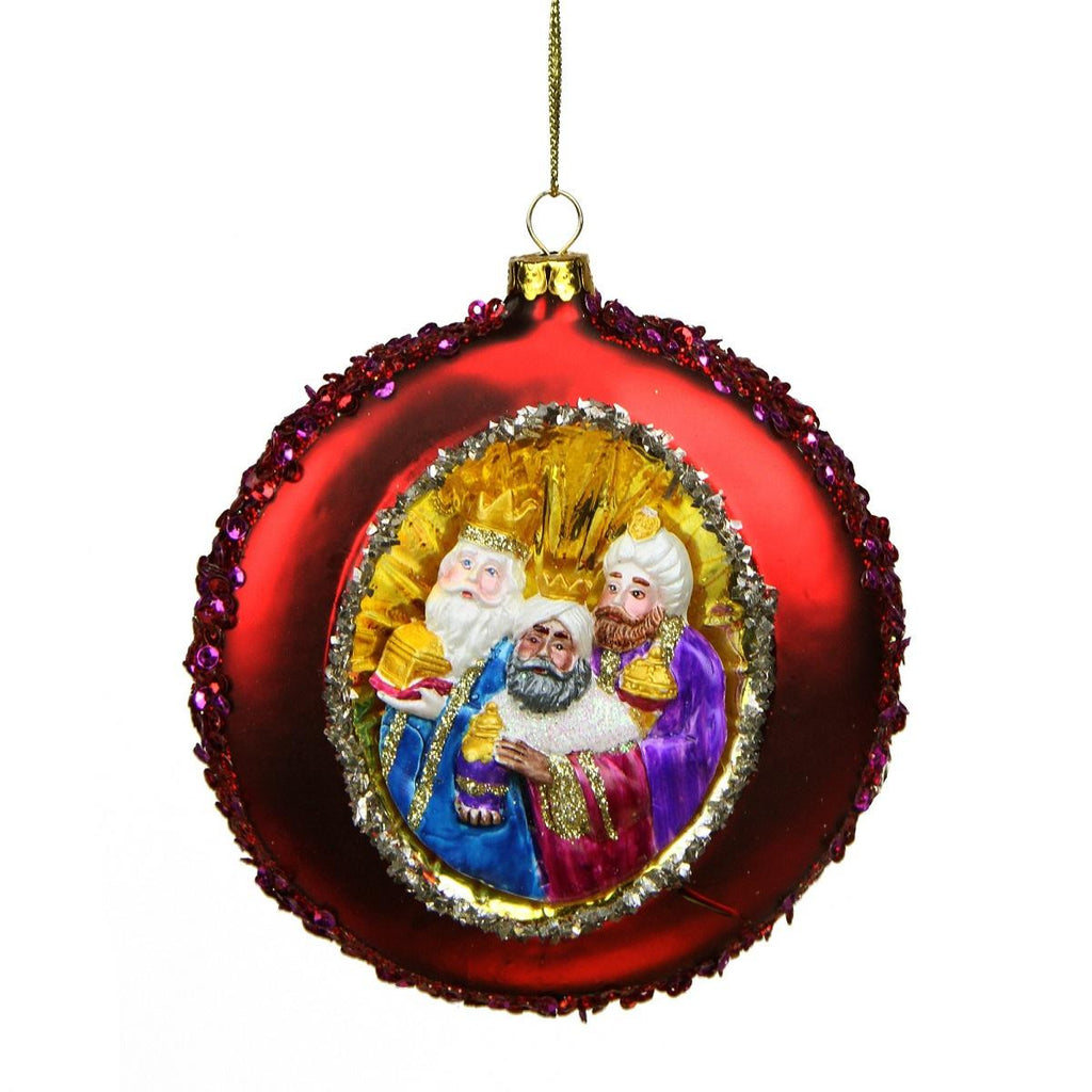 4" Three Wise Men Sequin Religious Christmas Glass Disc Ornament