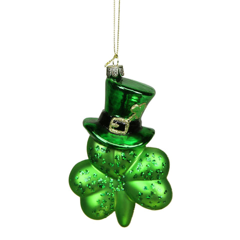 5" Luck of the Irish Green Top Hat Shamrock Leaf Glass Christmas Ornament