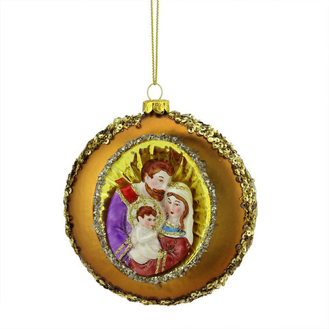 4" Joseph, Mary and Baby Jesus Sequin Religious Christmas Glass Disc Ornament