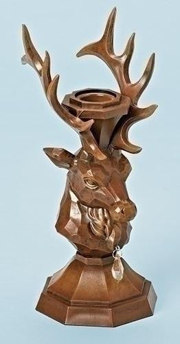 9" Faux Walnut Finish Deer Bust Decorative Christmas Taper Candle Holder