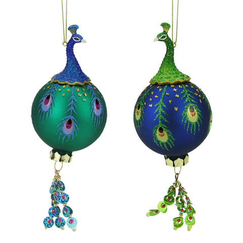 8.5" Regal Peacock Green and Blue Glittered Glass Ball with Dangle Christmas Ornament