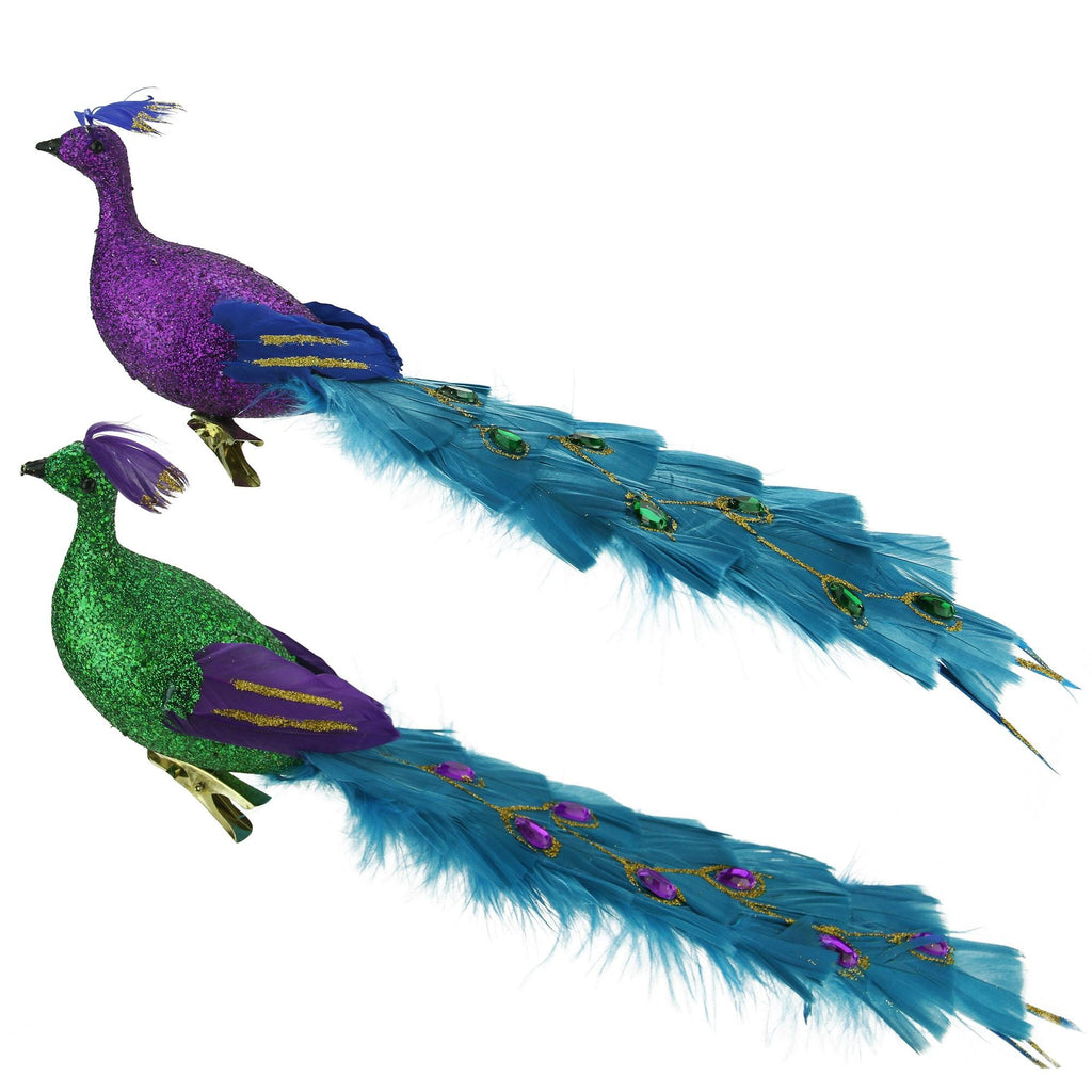 12" Regal Peacock Glittered Green, Purple and Blue Bird Clip-On Christmas Ornament