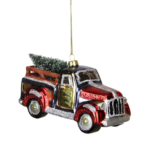 5.25" Multi-Color Glittered Glass Truck with Tree Christmas Ornament