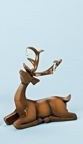 7.5" Faux Wooden Finish Laying Deer Decorative Christmas Table Top Decoration