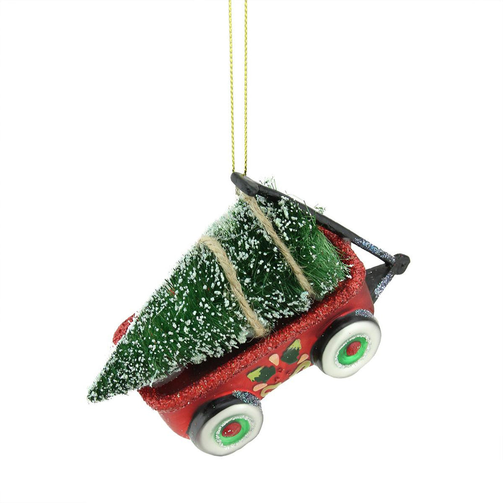 4.5" Red, Green and Black Glittered Glass Wagon with Tree Christmas Ornament