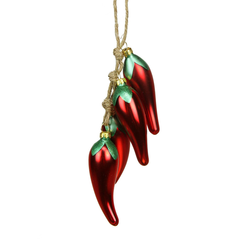 6" Red Chili Peppers on Twine Decorative Glass Christmas Ornament