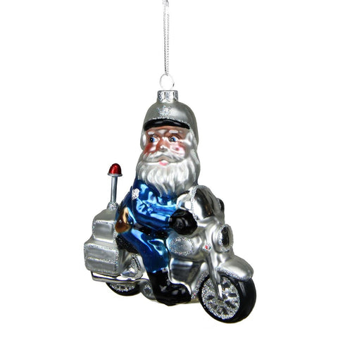 5" Glass Santa Policeman Riding Motorcycle Christmas Ornament