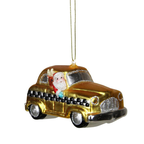 4.25" Glass Santa in Yellow, Silver and Black Checkered Taxi Cab Christmas Ornament