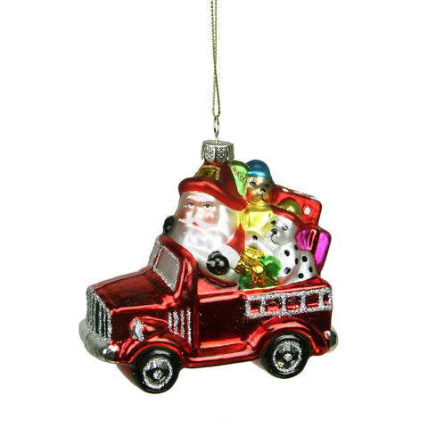 3.5" Glass Santa in Fire Truck Decorative Christmas Ornament