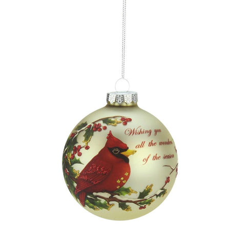 Red Cardinal "Wishing You All the Wonders of the Season" Glass Ball Christmas Ornament 3.5" (90mm)