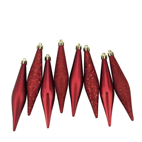 8ct Burgundy Red Shatterproof 4-Finish Finial Drop Christmas Ornaments 6"