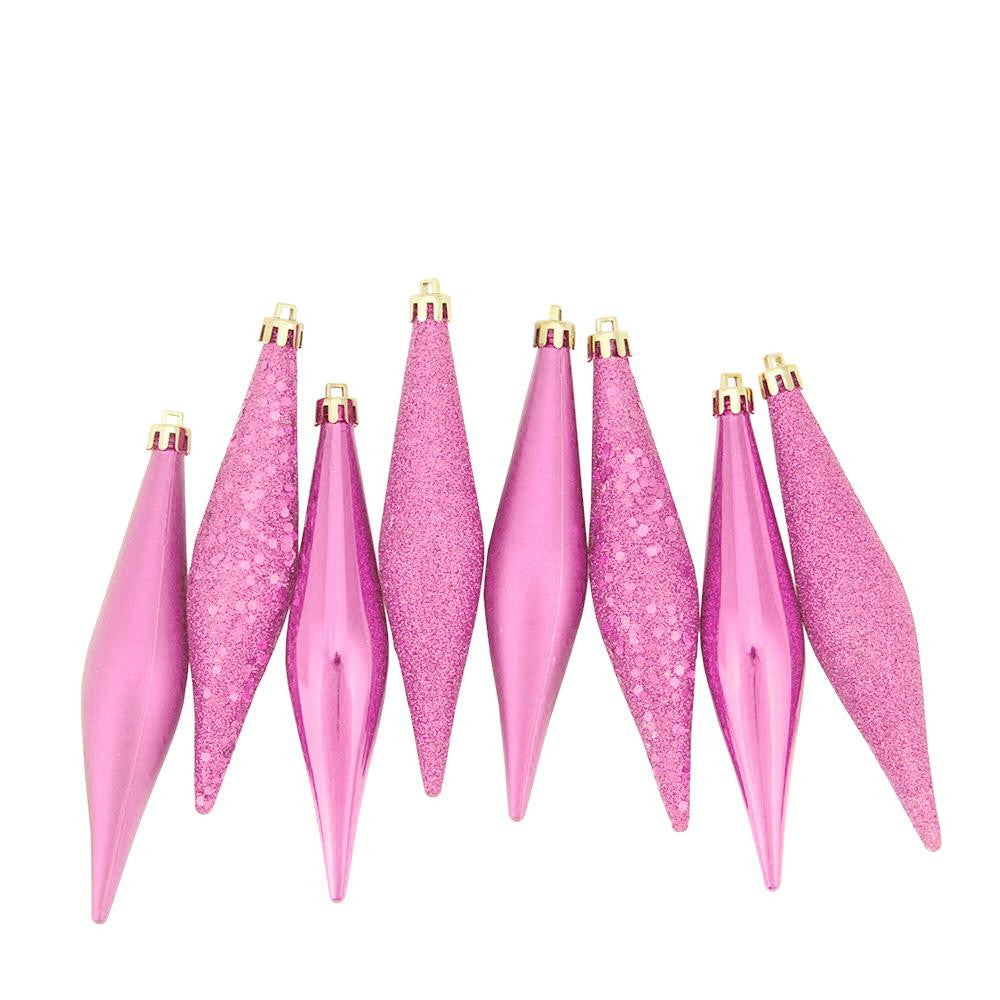 8ct Bubblegum Pink Shatterproof 4-Finish Finial Drop Christmas Ornaments 6"