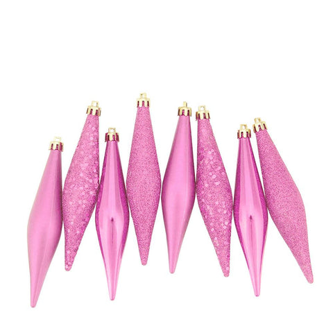 8ct Bubblegum Pink Shatterproof 4-Finish Finial Drop Christmas Ornaments 6"