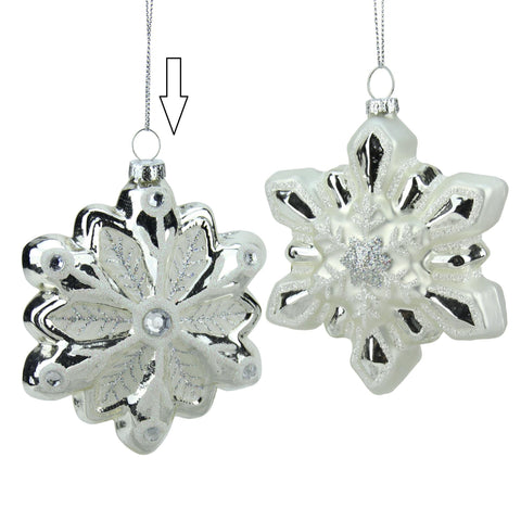 4" Silver and White Snowflake with Faux Gems Glass Christmas Ornament