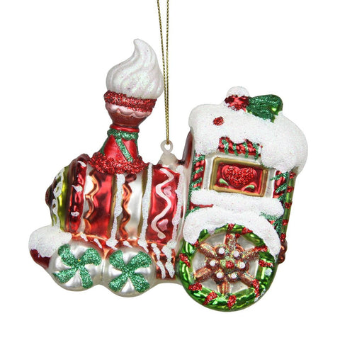 4.25" Peppermint Twist Red, White and Green Glittered Glass Candy Cane Train Christmas Ornament