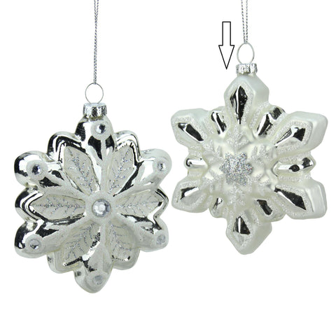 4" Glittered White and Silver Snowflake Glass Christmas Ornament