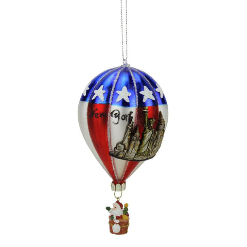 5.75" Red, Blue and Silver "New York" Glass Hot Air Balloon Christmas Ornament