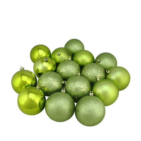 16ct Green Kiwi Shatterproof 4-Finish Christmas Ball Ornaments 3" (75mm)