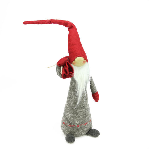 18.75" Red and Grey Tall Standing Santa Gnome Carrying Bag on his Shoulder Christmas Figure