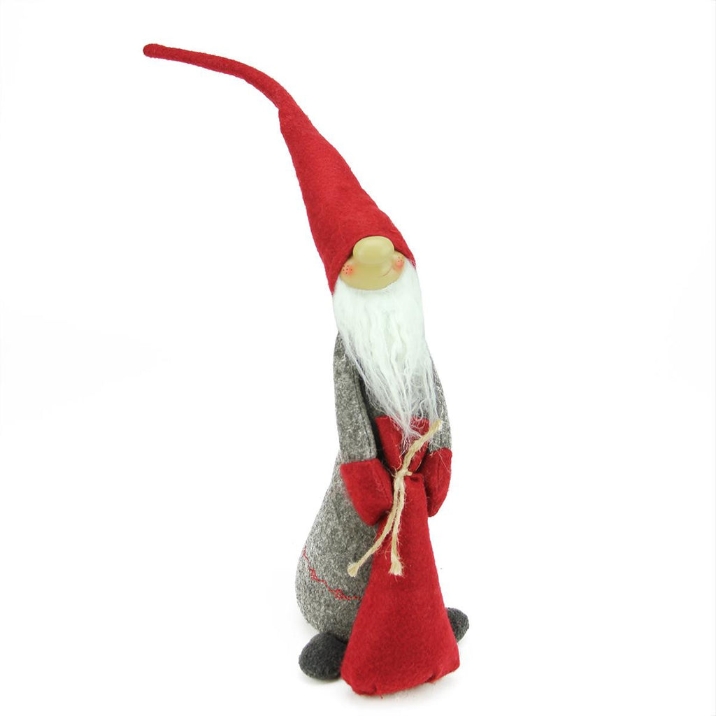 18.25" Red and Grey Tall Standing Santa Gnome Holding Bag in Front Christmas Figure